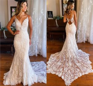 Lace Mermaid Prachtige trouwjurken 2023 Sexy Backless Spaghetti Riets Western Summer Boho Bridal Ghowns Custom Made Rozes