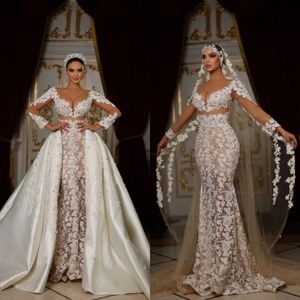 Dentelle sirène robe de mariée gracieuse perles appliques robes nues sans bretelles avec des robes de mariée sur-bride sur mesure