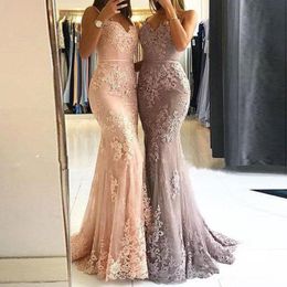 Kant zeemeermin roze goedkope bruidsmeisje jurken lange 2020 v-hals nieuwe sexy elegante avondjurk formele prom jurken kant applique
