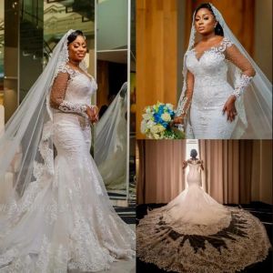 Sirena de encaje transparente de manga larga, vestidos de novia con cuentas de perlas, vestidos de novia africanos de talla grande Bc15031