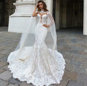 Vestidos de novia de sirena de encaje con chal de tul, capa delgada y elegante, vestidos de novia de China, Vestido de novia Sereia