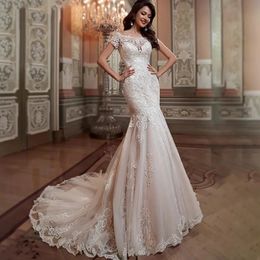 Dentelle sirène mariage chérie à volants Royal balayage Train robe De mariée perles grande taille formelle robe De mariée Robes Mariee Robes De Fiesta 328 328