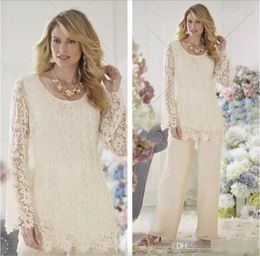 Lace moeder elegant van de bruid broek Pakken bruiloft gasten formele slijtage plus size op maat gemaakte goedkope lange mouwen bruidegom moedersjurk 's