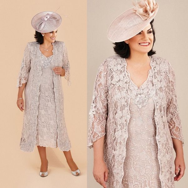 Encaje Madre de la novia Vestidos Traje Formal Vestido de fiesta de bodas Chaqueta larga Con cuello en V Longitud del té Tallas grandes Vintage Mujeres Vestidos cortos de cóctel Vestidos AL9956