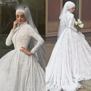 Kant moslim trouwjurk appliques sjaal hijab trouwjurk tule abiye abiti da sposa bruidsjurk bruid jurk