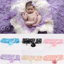 Kant pasgeboren fotografie rekwisieten baby meisje haarband + ontvangende dekens set baby's foto accessoires bloem haarband sjaal handdoek 210413