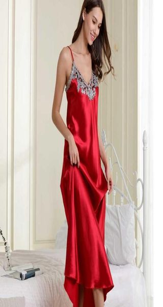 Vestido de noche de encaje, bata rosa, vestidos largos para mujer, ropa de dormir negra para mujer, ropa de seda con cuello en V y bata de lencería 2109247431043