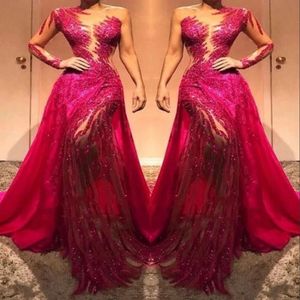 Robe de soirée de bal en dentelle, asymétrique épaule dénudée, manches longues, en Tulle transparent, paillettes et cristaux, froncée, robe de tapis rouge, robes formelles