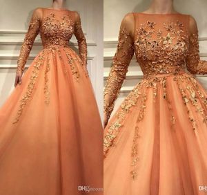 Kant Orange Avondjurken met lange mouwen Een lijn Appliques Beaded Long Prom Dress Belt Illusion Bodice Abendkleider Formele Gelegenheidstoga