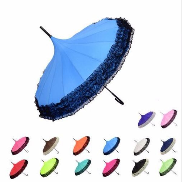 Parapluie de pagode en dentelle pour dame, parapluie à long manche, parapluies ensoleillés et pluvieux, parasols, 14 couleurs, 20 pcs / lot