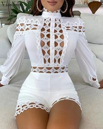 Lace Patchwork Long Sleeve Hollow Out Playsuits White Black Women Regular Rompers 240306