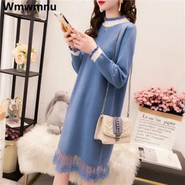 Patchwork de encaje vestido de punto suelto gruesas mujeres coreanas midi knitwears vestidos otoño vestidos de invierno elegantes kleid 240321