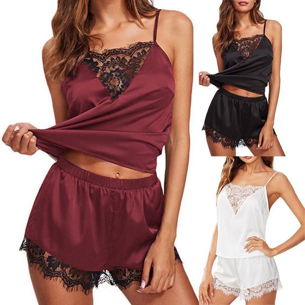 Dentelle Patchwork vêtements de nuit Sexy pyjama ensemble femmes Satin soie Spaghetti sangle haut short chaud pyjama femmes sous-vêtements