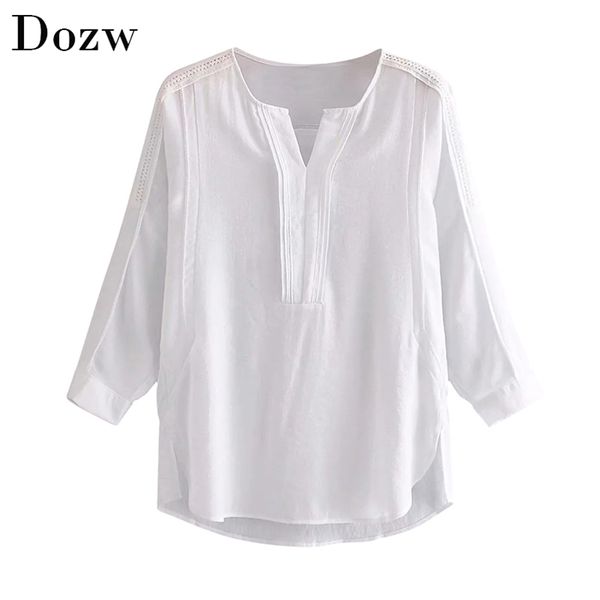 Dentelle Patchwork blanc Blouse femmes col en V manches chauve-souris lâche chemise en lin femme asymétrique décontracté dames hauts Blusas 210515