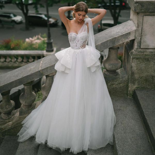 Vestidos De Novia De encaje Peplum, vestidos De Novia con lentejuelas, escote De un hombro, línea A, longitud hasta el suelo De tul, Vestido De Novia