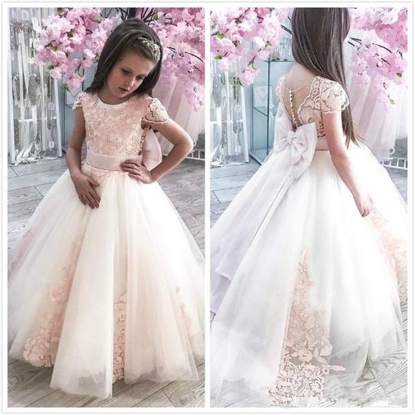 Dentelle Rose 2019 Robes De Filles De Fleurs Africaines Cap Manches Petite Fille Tout-petits Robes De Mariée Vintage Enfant Princesse Communion Pageant Robes