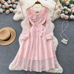 Lace Pink Nieuwe Casual Casual Dresses Spring Autumn Solid Slim Full Lady Dress A Line V Neck Chiffon Pullover Mid-Calf High Taille Women Jurken 2023