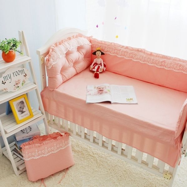 Ensemble de literie princesse rose en dentelle, lit bébé 100% coton, drap d'oreiller, pare-chocs dans le berceau, linge de lit pour bébé LJ201105