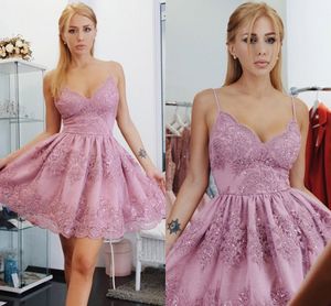 Kant roze korte homecoming jurken v hals spaghetti riemen kralen plus size korte prom jurken feestjurken