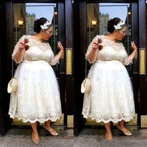 Kant Plus Size Korte Prom Dresses 2018 Thee Lengte Een Lijn Avondjurken Illusie Lange Mouwen Dames Vestidos Custom Goedkoop Goedkoop