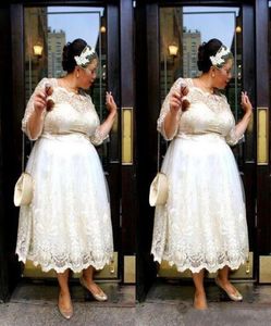 Lace Plus taille Robes de bal courtes 2018 Longueur de thé une ligne robes de soirée illusion manches longues femmes vestidos sur mesure à bas prix9084338