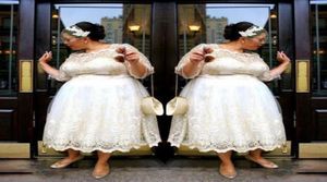 Vestidos de novia cortos de encaje de tamaño grande 2018 Longitud del té A Línea Vestidos de novia Ilusión Mangas largas Vestidos de boda Vestidos Custom Hade 5996679