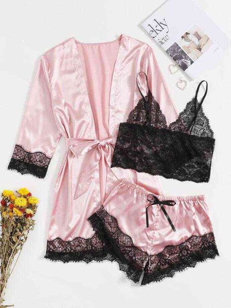 Pyjama amusant rose imitation soie avec poche en dentelle pour femme 211203