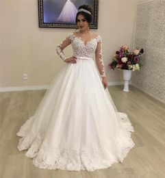 Robe De mariée princesse en dentelle, Illusion De col transparent, manches longues, avec des Appliques, traîne De balayage, robes De mariée De campagne