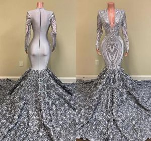 Vintage prom -jurken met lange mouwen sexy zeemeermin v nek zilver volle mouw 3d bloemen lange trein vrouwen formele feestavondjurken