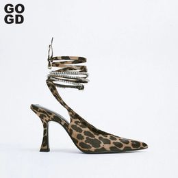Lace Pumps vrouwen dunne teen gogd ontwerpen omhoog hoge hakken strass glanzende luipaard puntige sandalen mode schoenen ladie ss