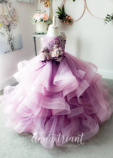 Robes de demoiselle d'honneur en dentelle violette pour mariage, jupes à plusieurs niveaux en tulle appliquées, robe de bal pour petites filles, robe de concours de perles, première Commu2644