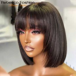 Lace Rebecca Short Bob Straight Bobs Brésilien Human Human With Bangs Remy Full Hine Made Wig pour femmes 10-14 pouces Z0613