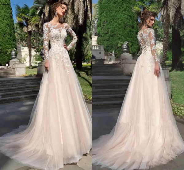 Vestidos de novia románticos de encaje Apliques transparentes de manga larga una línea de vecinos nupciales rubor rosa verano boho boho de mariage talla grande