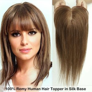 Lace S 100 Remy Human Hair Toppers con flequillo Honey Brown Piezas para mujeres Clip de base de seda en Topper Cubierta de pérdida de adelgazamiento 230928