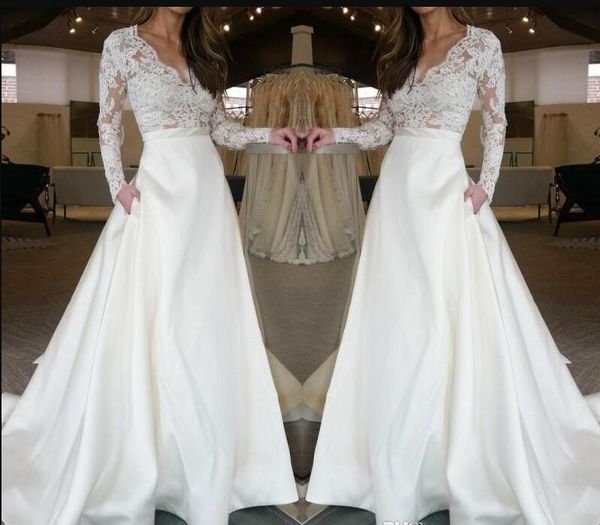 Vestidos de novia de mangas largas Satin A Lace 2019 Vestidos nupciales formales Top con bolsillos Boho Wedding Weddings Made