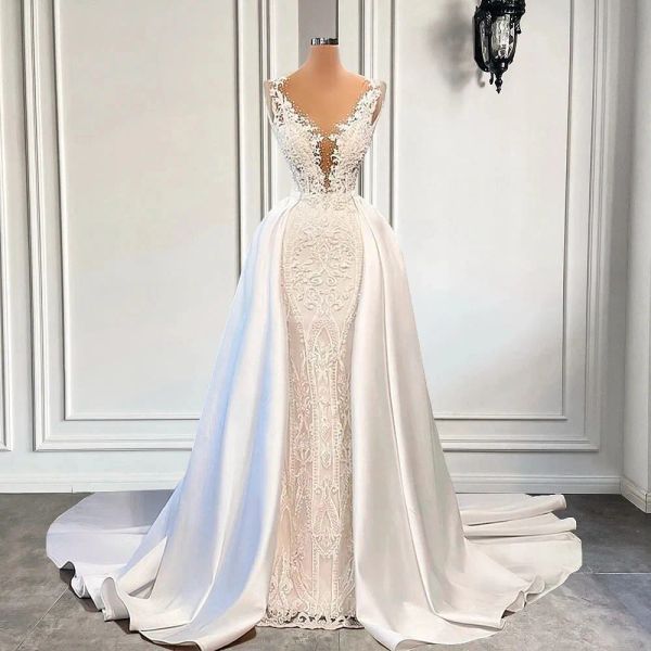 Vestidos de novia vintage de satén de encaje con tren desmontable Apliques de cuello transparente sexy Vestidos de novia árabes hechos a medida