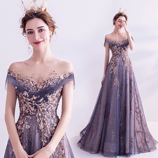 dentelle paillette robe de bal de rôles de soirée à l'épaule 2022 manches bouffantes appliques perles Tulle fractionnée lumière ciel blue blue goods lavande promesse robes