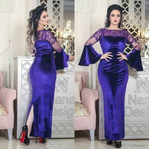 Kant schede spleet avondjurken dichter lange mouwen fluwelen plus size vestidos de festa feestjurk prom formele pageant celebrity jurken bal