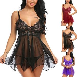 Dentelle sans manches nuisette col en v chemise de nuit pyjamas Sexy Lingerie dames soie robe de soirée grande taille sous-vêtements string ensemble 220516