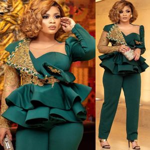 Coix de coloration en dentelle Robes de bal Hunter Green Arabe Aso Ebi Peplum Crystals Crystals Soir￩e Deuxi￨me Robe de costume de pantalon de r￩ception