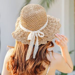 Chapeau de paille en dentelle pour femmes, casquette d'été pliable à Large bord, casquette de soleil de plage pour dames, nœud élégant, chapeaux de voyage de vacances