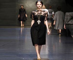 Lace Street Style High Fashion Runway Dress Elegant Women Celebrity Dress F0198 Zwarte korte mouw schouder3205880