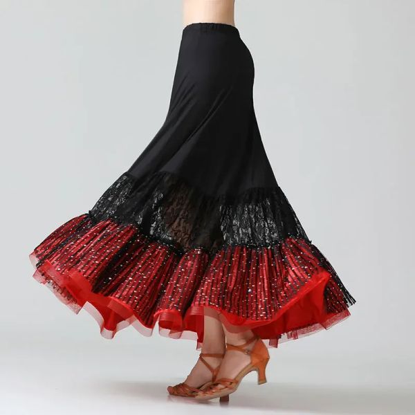 Lace Swing Dance Jupe Sequins Vêtements de salle de bal Femmes Jupe de danse moderne Waltz National Standard Flamenco Dancing Costumes