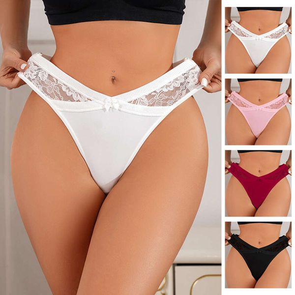 Lingerie Sexy transparente en dentelle pour femmes, slip en coton avec nœud blanc, culotte en maille, motif respirant, taille moyenne, sous-vêtements sans couture