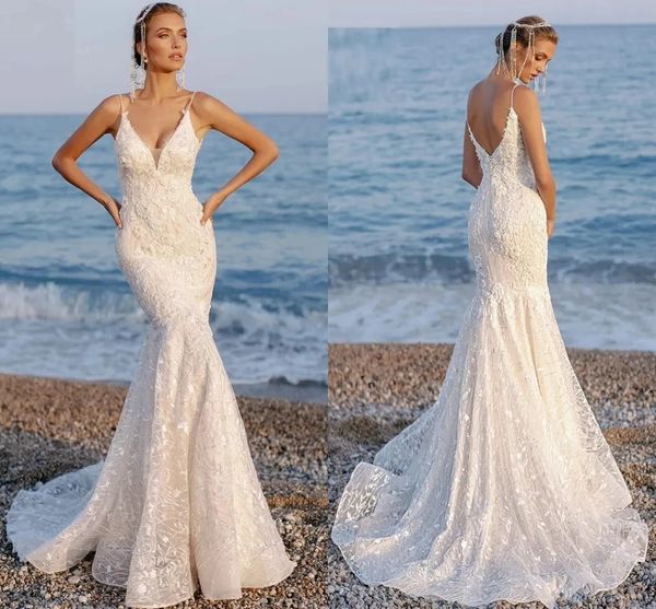 Trumpette en dentelle Robes de mariée sirène pour mariée Spaghetti Spaghetti Bouches nuptiales sexy bassin bas de poisson plus taille plus taille boho réception robe robes cl2123