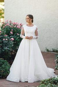 Robe de mariée trapèze en dentelle et Tulle, modeste, manches longues, col bijou, robes de mariée formelles, manches longues transparentes, sur mesure