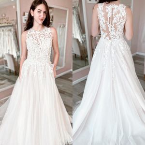 Robe de mariée en dentelle et tulle, col illusion de styliste, ligne a, robes de mariée, plage, jardin, château, chapelle, Boho, robe de mariée sur commande, train de chapelle, photo réelle, 2023