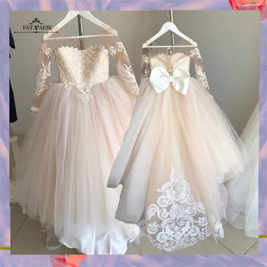 Lace TuLle bloemenmeisje jurk buigt kinderen eerste communie jurk prinses baljurk trouwfeestjurken fs9780