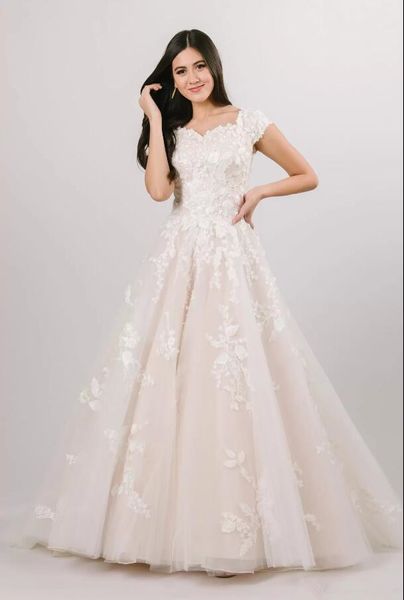 Vestidos de novia de una línea de tul de encaje modestos con mangas casquillo Botones Volver Marfil y rosa pálido Vestidos de novia modestos clásicos Manga corta