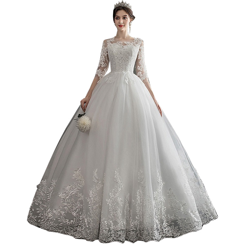 Lace Tulle O Neck Ball Gown Wedding Dress 2020 Half Sleeves Wedding Gowns Ivory-White Appliques Bride Dresses